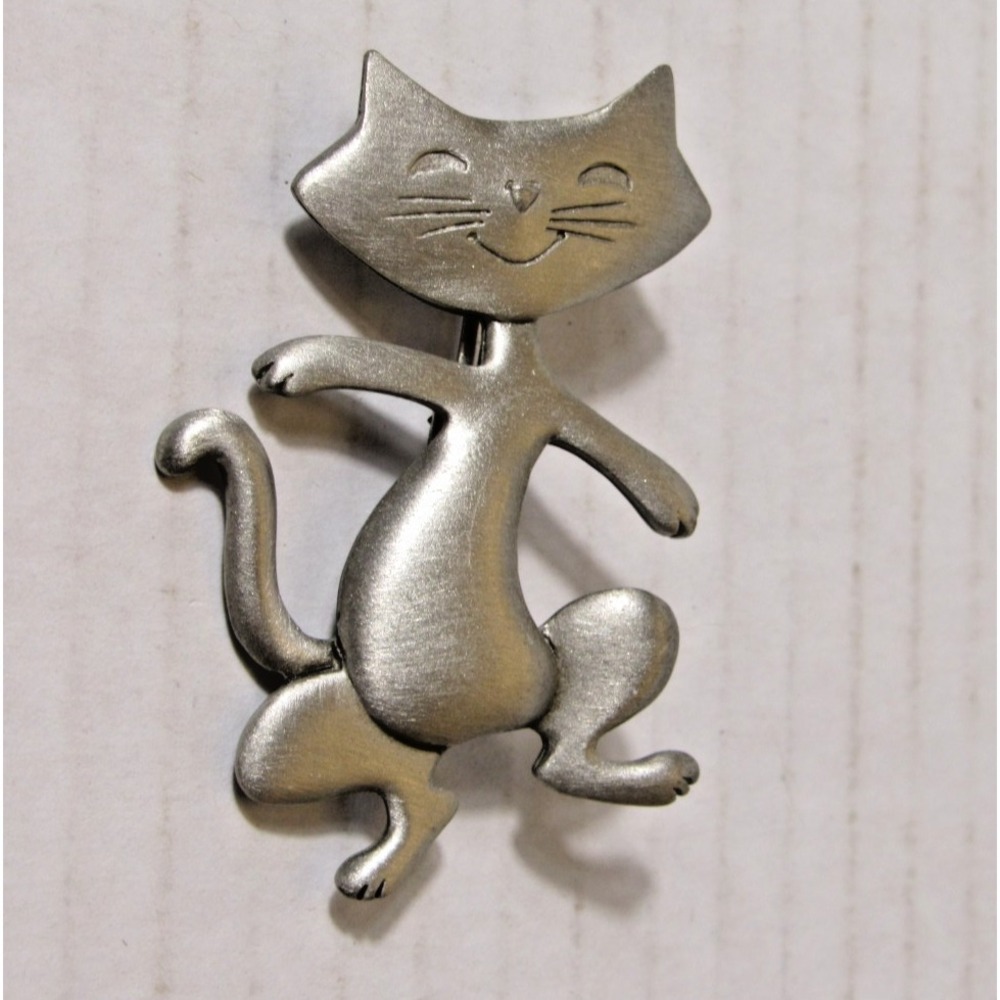 JJ Jonette Jewelry Vintage Pewter Dancing Cat Brooch Pin Silver Tone Whimsical